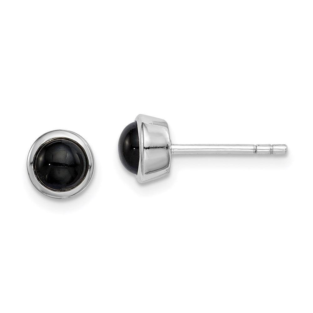 Sterling Silver Rhodium-Plated Polished Onyx Round Bezel Stud Earrings
