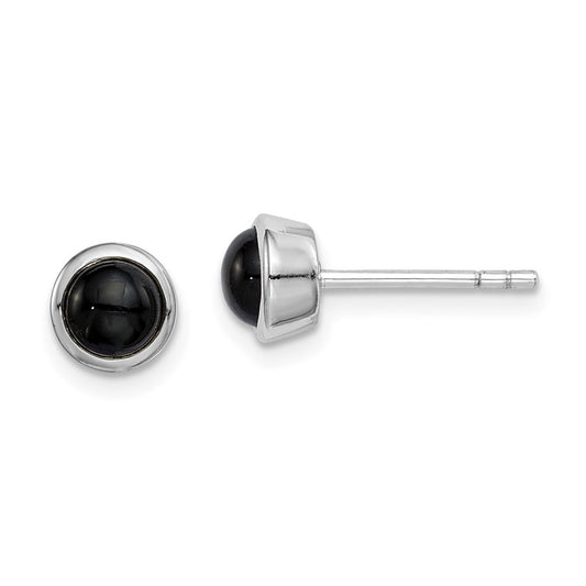 Sterling Silver Rhodium-Plated Polished Onyx Round Bezel Stud Earrings