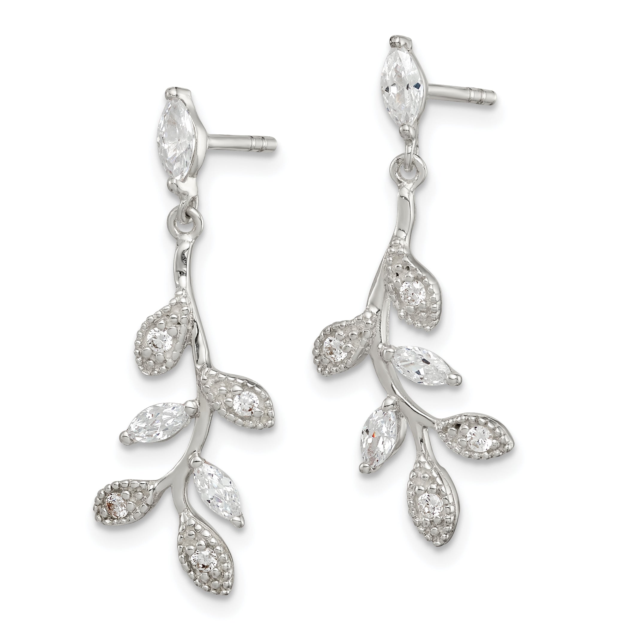 Sterling Silver Polished Cz Branch And Leaves Post Dangle Earrings