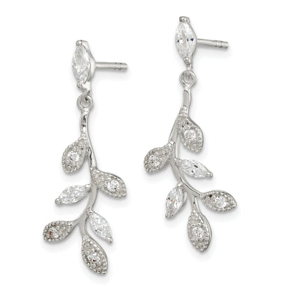 Sterling Silver Polished Cz Branch And Leaves Post Dangle Earrings