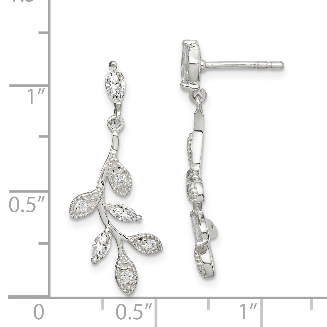 Sterling Silver Polished Cz Branch And Leaves Post Dangle Earrings