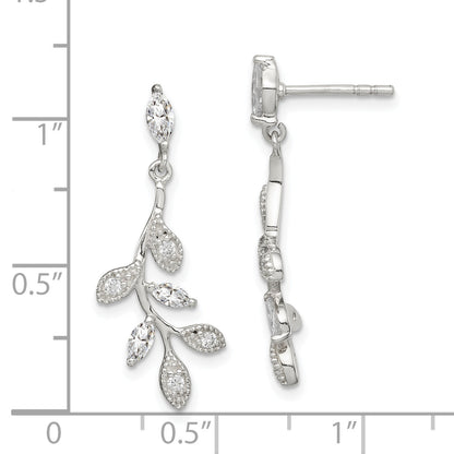 Sterling Silver Polished Cz Branch And Leaves Post Dangle Earrings