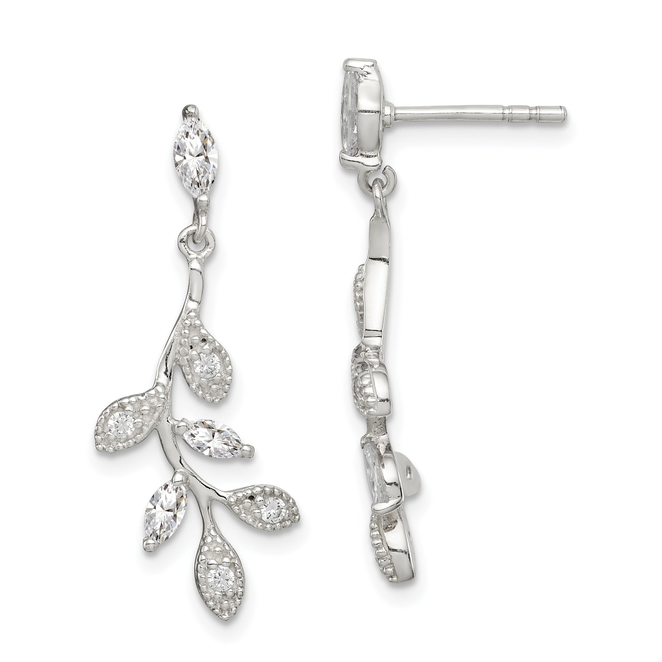 Sterling Silver Polished Cz Branch And Leaves Post Dangle Earrings