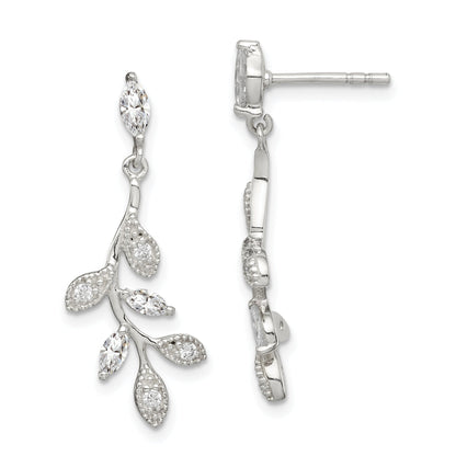 Sterling Silver Polished Cz Branch And Leaves Post Dangle Earrings