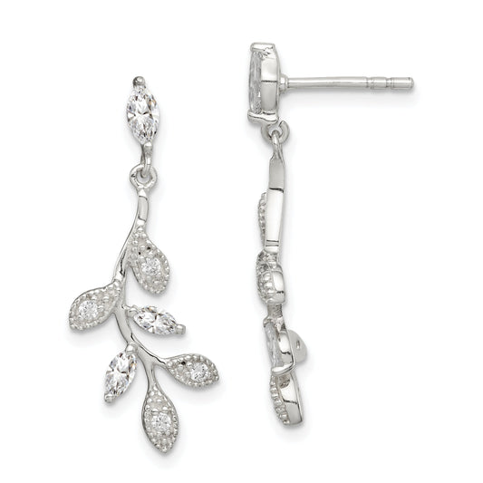 Sterling Silver Polished Cz Branch And Leaves Post Dangle Earrings