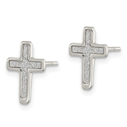Sterling Silver Polished Glitter Infused Latin Cross Post Earrings