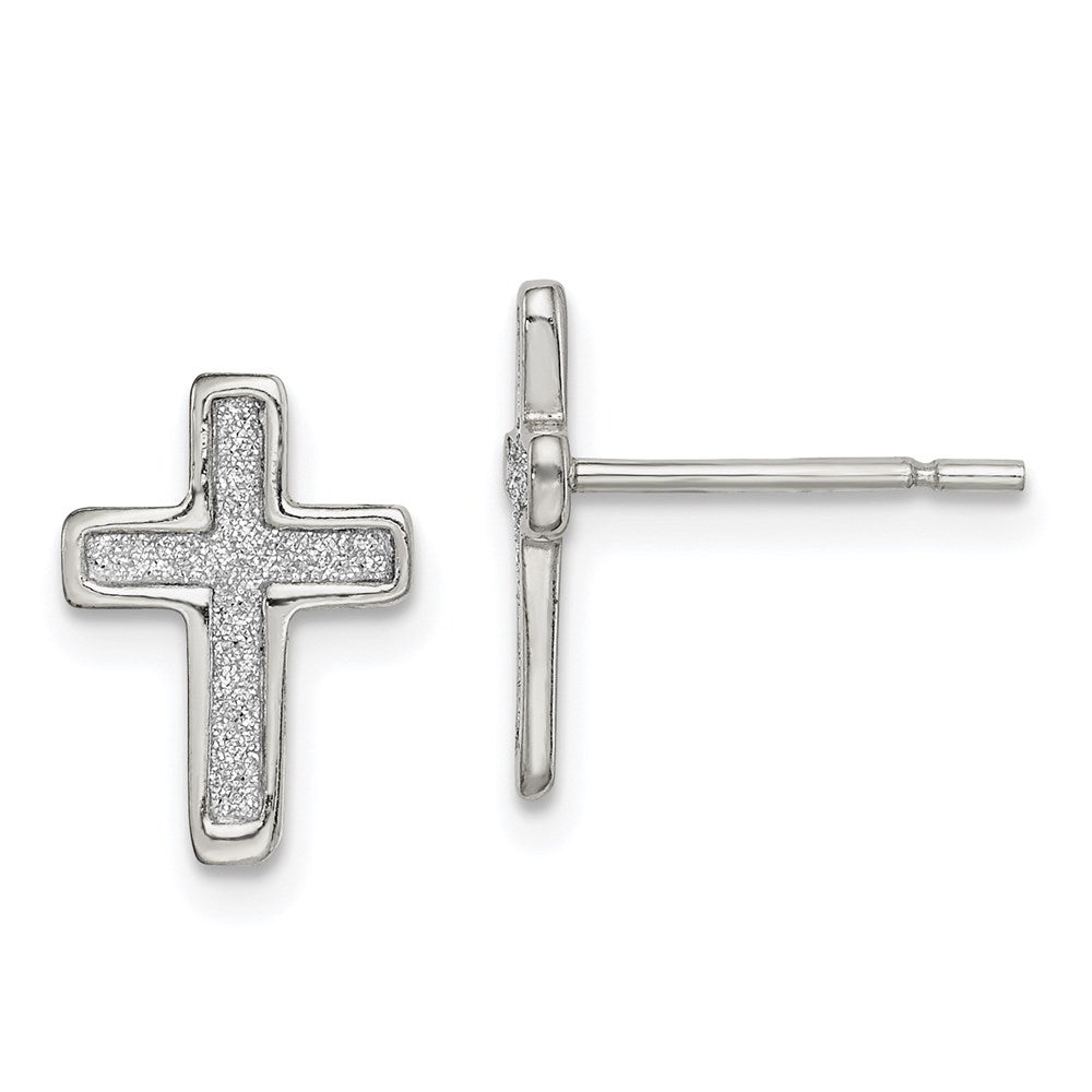 Sterling Silver Polished Glitter Infused Latin Cross Post Earrings