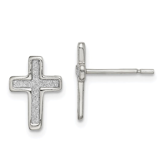 Sterling Silver Polished Glitter Infused Latin Cross Post Earrings