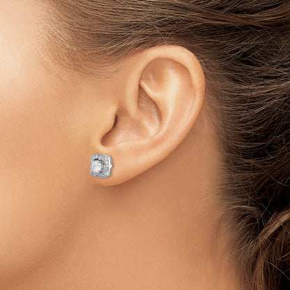 Sterling Silver Rh-Plated 5mm Round Cz Post W/ Square Jackets Earrings