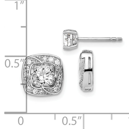 Sterling Silver Rh-Plated 5mm Round Cz Post W/ Square Jackets Earrings