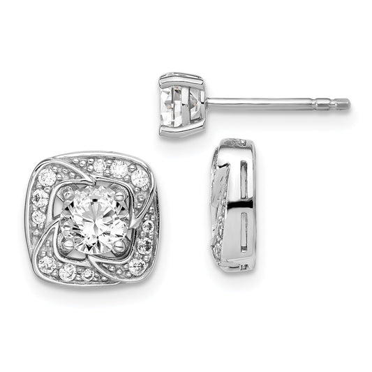 Sterling Silver Rh-Plated 5mm Round Cz Post W/ Square Jackets Earrings