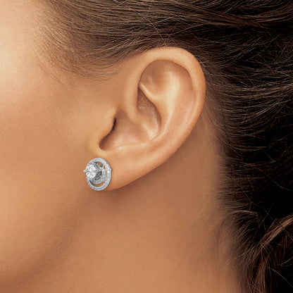 Sterling Silver Rhodium-Plated 6mm Round Cz W/Swirl Jackets Earrings