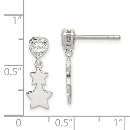 Sterling Silver Cz Heart And Stars Dangle Post Earrings