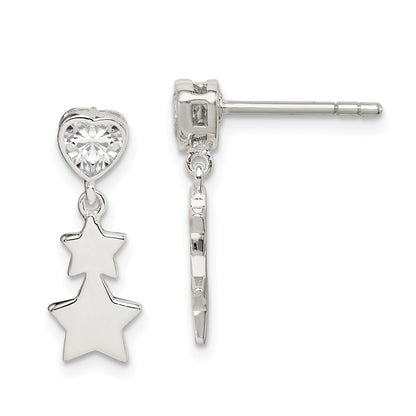 Sterling Silver Cz Heart And Stars Dangle Post Earrings