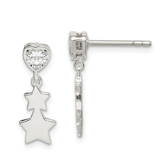 Sterling Silver Cz Heart And Stars Dangle Post Earrings