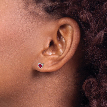 Sterling Silver Rhod-Plated Created Ruby Heart Post Earrings