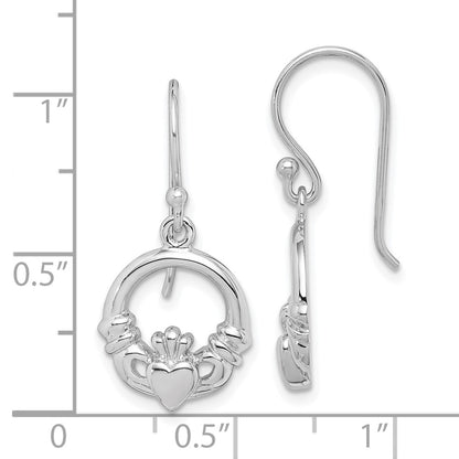 Sterling Silver Rhodium-Plated Polished Claddagh Dangle Earrings