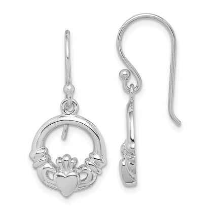Sterling Silver Rhodium-Plated Polished Claddagh Dangle Earrings