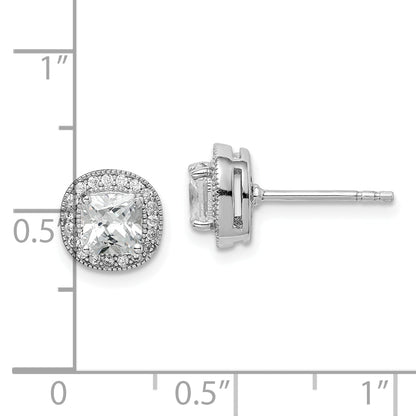 Sterling Silver Rh-Plated Polished & Textured 5mm Cz Halo Post Earrings