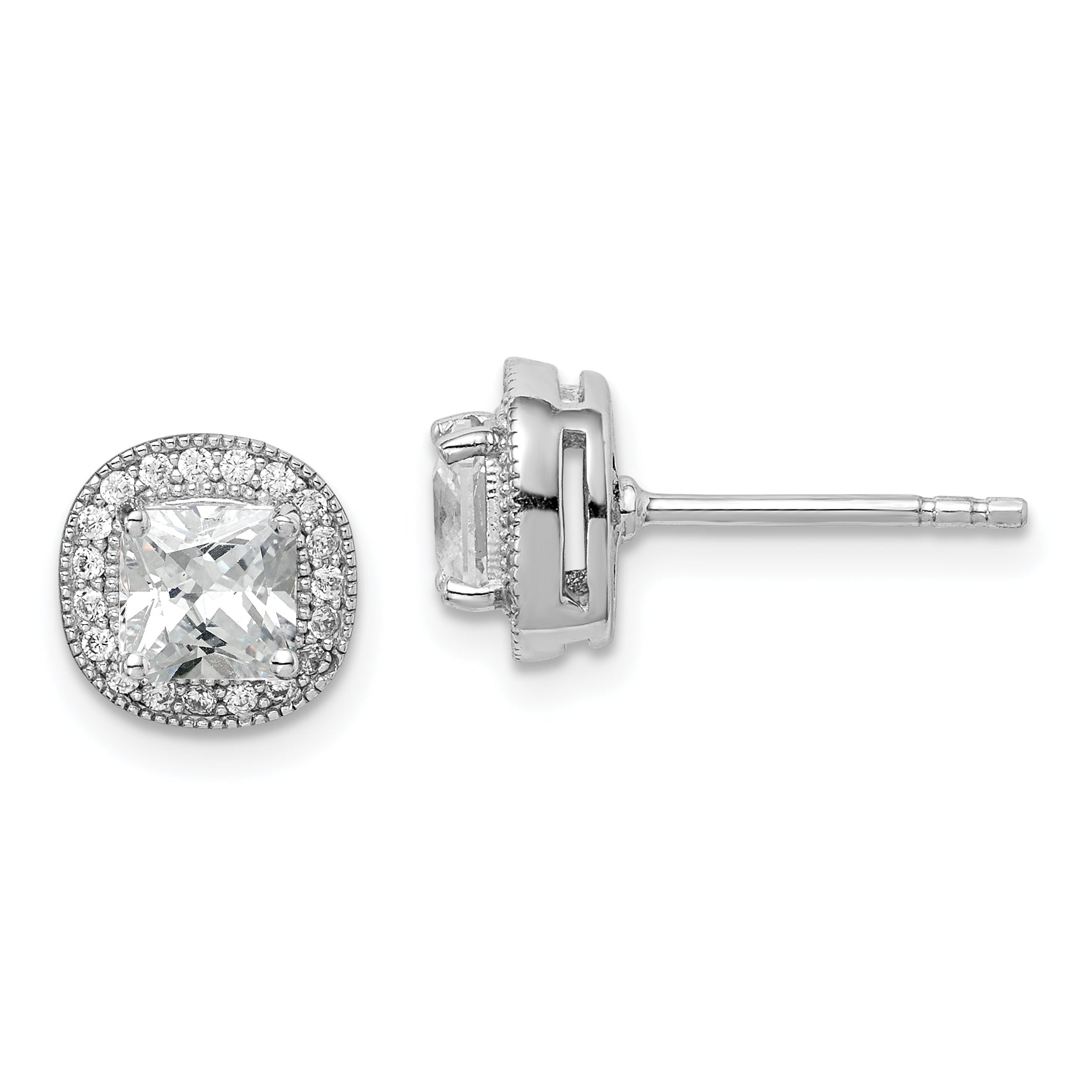 Sterling Silver Rh-Plated Polished & Textured 5mm Cz Halo Post Earrings