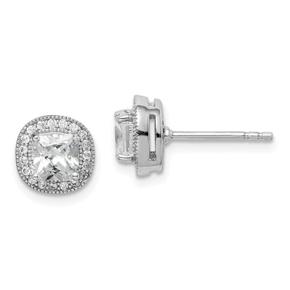 Sterling Silver Rh-Plated Polished & Textured 5mm Cz Halo Post Earrings