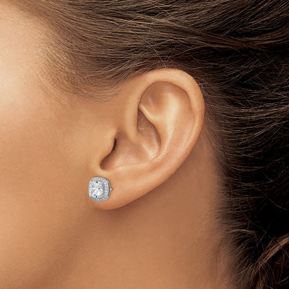Sterling Silver Rh-Plated Polished & Textured 7mm Cz Halo Post Earrings
