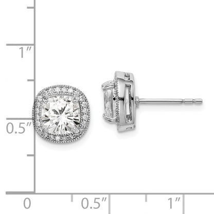 Sterling Silver Rh-Plated Polished & Textured 7mm Cz Halo Post Earrings