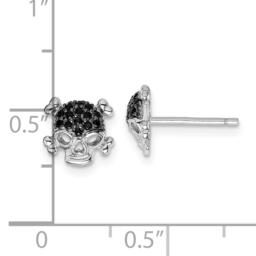 Sterling Silver Rhodium-Plated Black Cz Skull Post Earrings