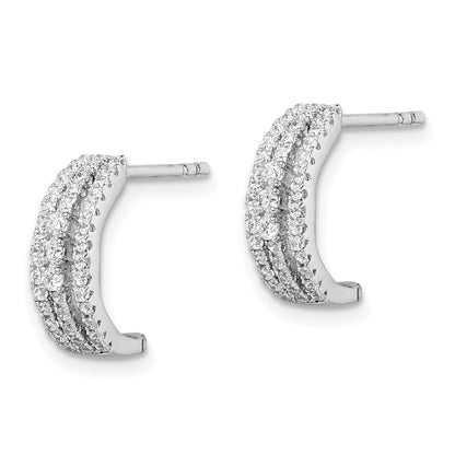 Sterling Silver Rhodium-Plated 3-Row Cz C-Hoop Post Earrings