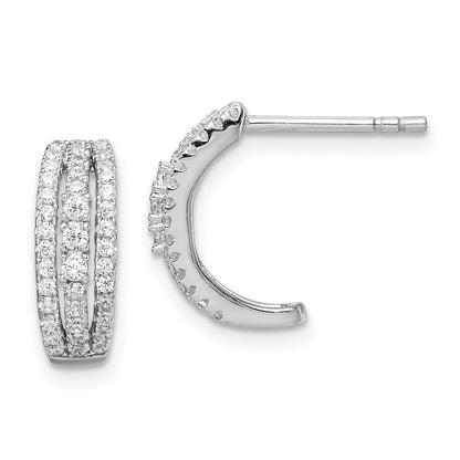 Sterling Silver Rhodium-Plated 3-Row Cz C-Hoop Post Earrings