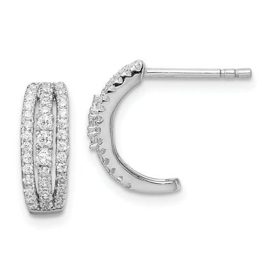 Sterling Silver Rhodium-Plated 3-Row Cz C-Hoop Post Earrings