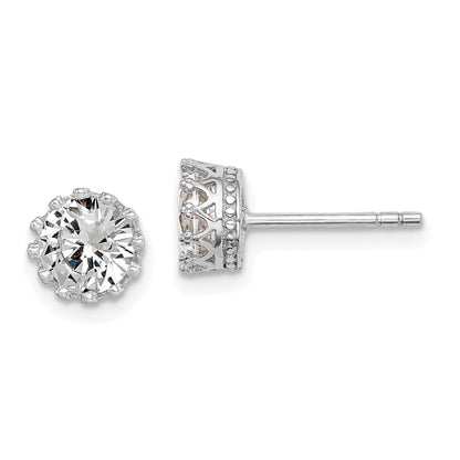 Sterling Silver Rh-Plated Polished & Textured 6mm Round Cz Stud Earrings