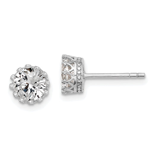Sterling Silver Rh-Plated Polished & Textured 6mm Round Cz Stud Earrings