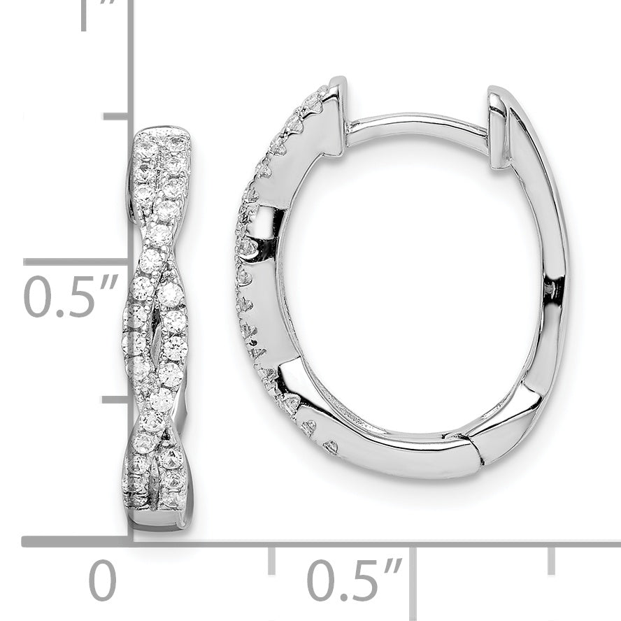 Sterling Silver Rhodium-Plated Cz Twisted Oval Hoop Earrings