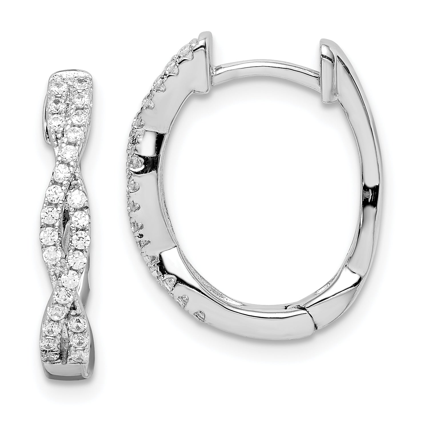 Sterling Silver Rhodium-Plated Cz Twisted Oval Hoop Earrings