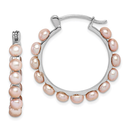 Sterling Silver Rhodium-Plated Polished Pink 4-5mm Button Freshwater Cultured Pearl Round Hoop Earrings