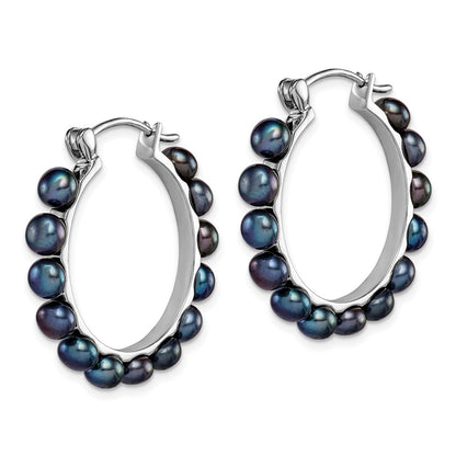 Sterling Silver Rhodium-Plated Polished 4-5mm Black Freshwater Cultured Button Pearl Round Hoop Earrings