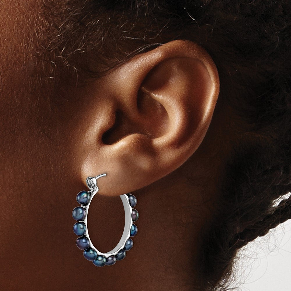 Sterling Silver Rhodium-Plated Polished 4-5mm Black Freshwater Cultured Button Pearl Round Hoop Earrings
