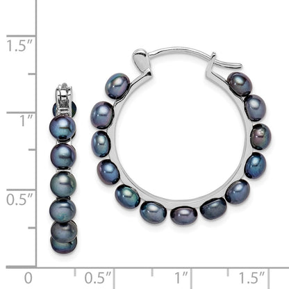 Sterling Silver Rhodium-Plated Polished 4-5mm Black Freshwater Cultured Button Pearl Round Hoop Earrings