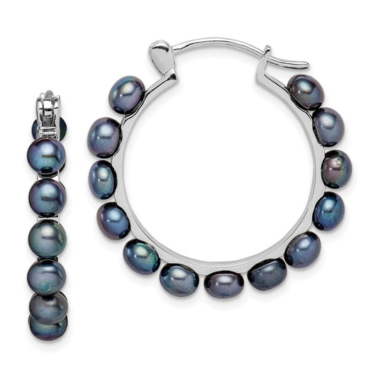 Sterling Silver Rhodium-Plated Polished 4-5mm Black Freshwater Cultured Button Pearl Round Hoop Earrings