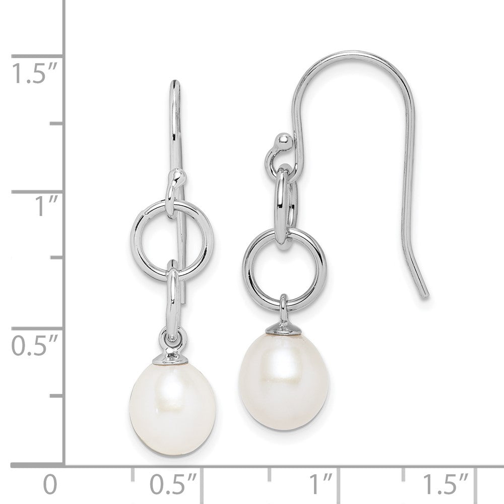 Sterling Silver Rhodium-Plated Polished White 7-8mm Freshwater Cultured Pearl Circle Dangle Earrings