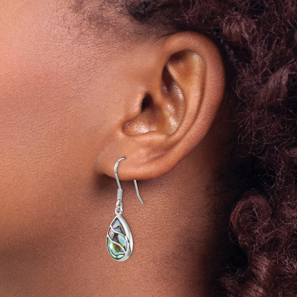 Sterling Silver Rhodium-Plated Polished Abalone Teardrop Dangle Earrings