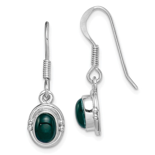 Sterling Silver Rhodium-Plated Green Agate Oval Dangle Earring