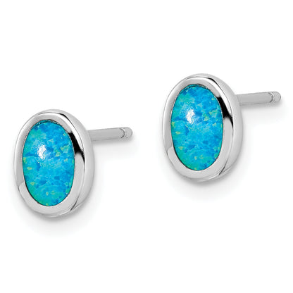 Sterling Silver Rh-Plated Polished Blue Created Opal Oval Stud Earrings
