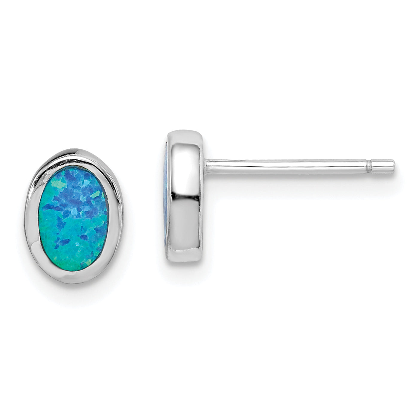 Sterling Silver Rh-Plated Polished Blue Created Opal Oval Stud Earrings