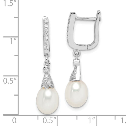 Sterling Silver Rhodium-Plated 7-8mm White Rice Fwc Pearl Cz Earrings