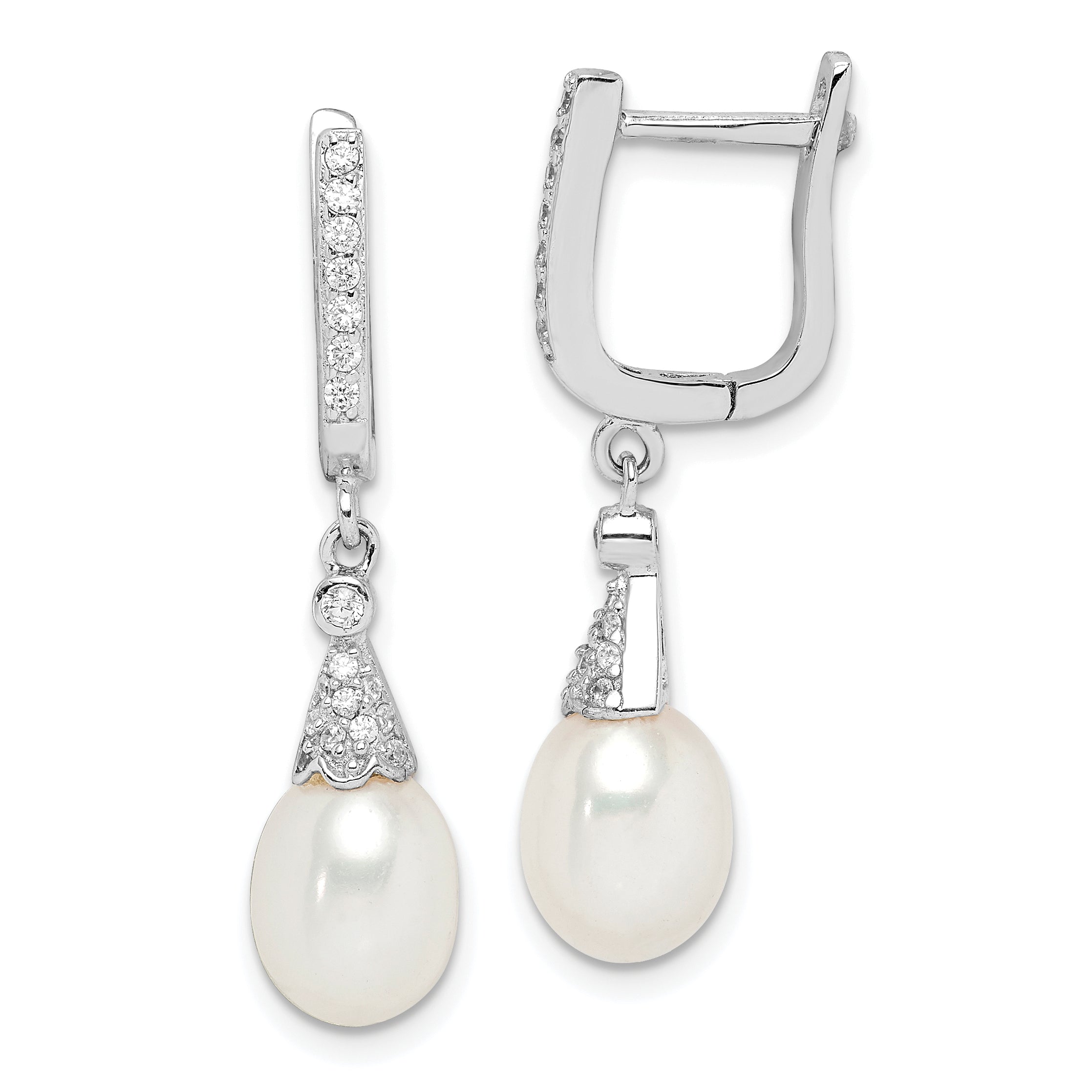 Sterling Silver Rhodium-Plated 7-8mm White Rice Fwc Pearl Cz Earrings