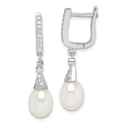 Sterling Silver Rhodium-Plated 7-8mm White Rice Fwc Pearl Cz Earrings