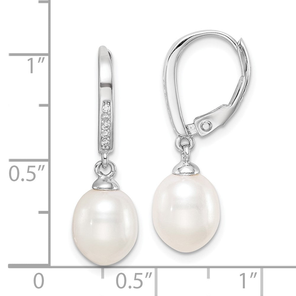 Sterling Silver Rhodium-Plated Polished White 7-8mm Freshwater Cultured Pearl & Cz Leverback Dangle Earrings