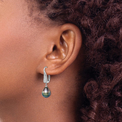 Sterling Silver Rhodium-Plated 9-10mm Tahitian Drop Pearl Cz Earrings